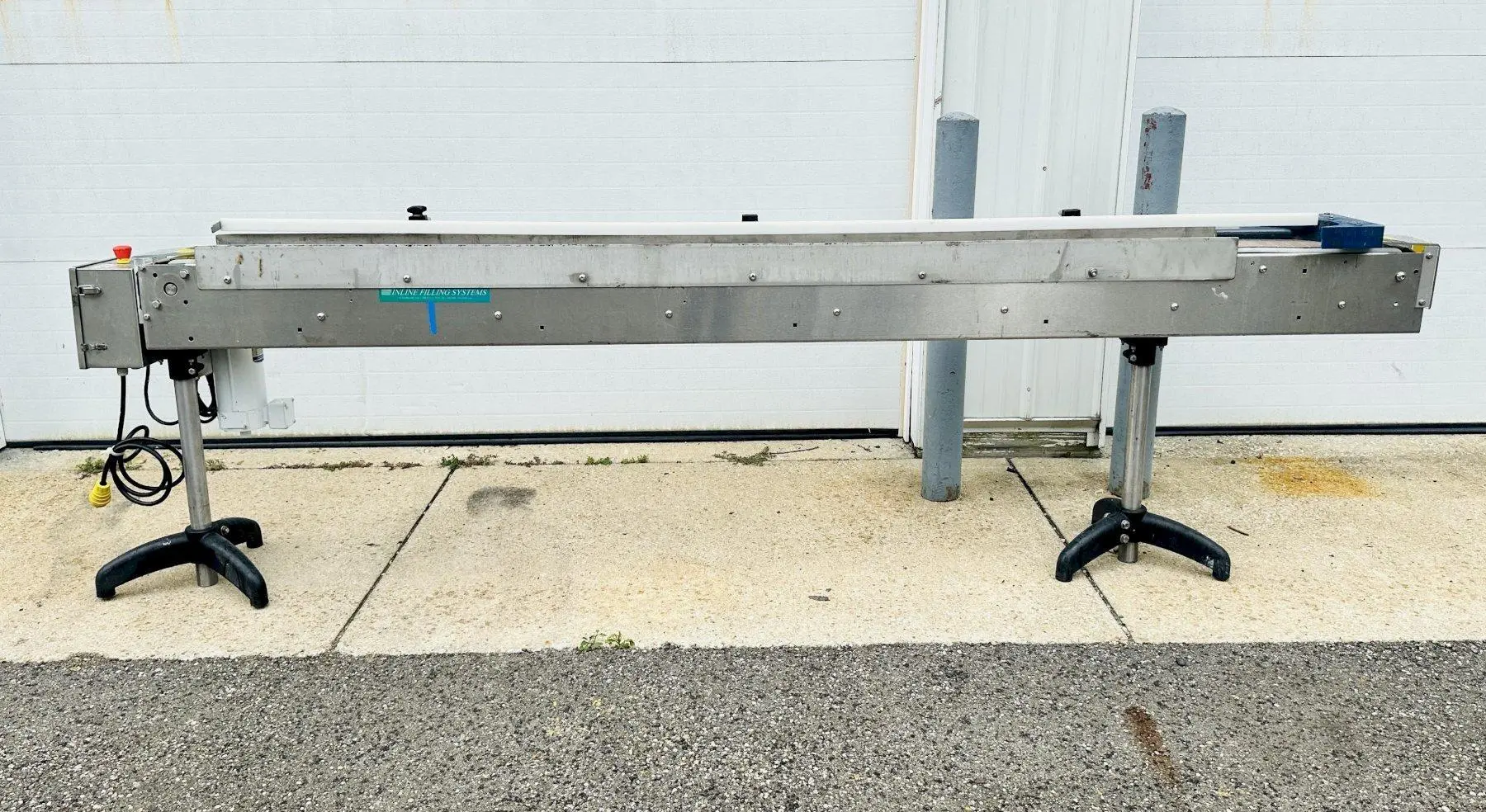 USED INLINE FILLING SYSTEMS S.S. 4" X 10' FLATTOP BELT CONVEYOR