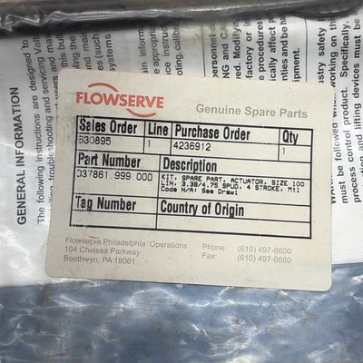 New | in-Stock Flowserve 037861.999.000 Valves/Fittings Indiana US | J&J Industrial Supply #1337995