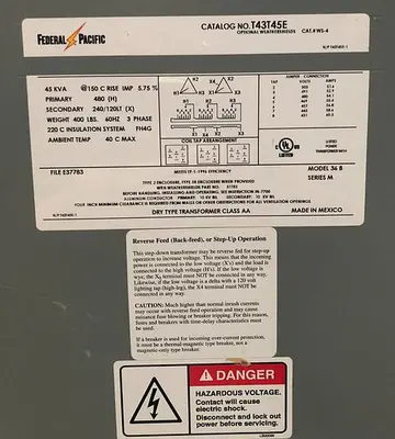 USED FEDERAL PACIFIC 45 KVA TRANSFORMER