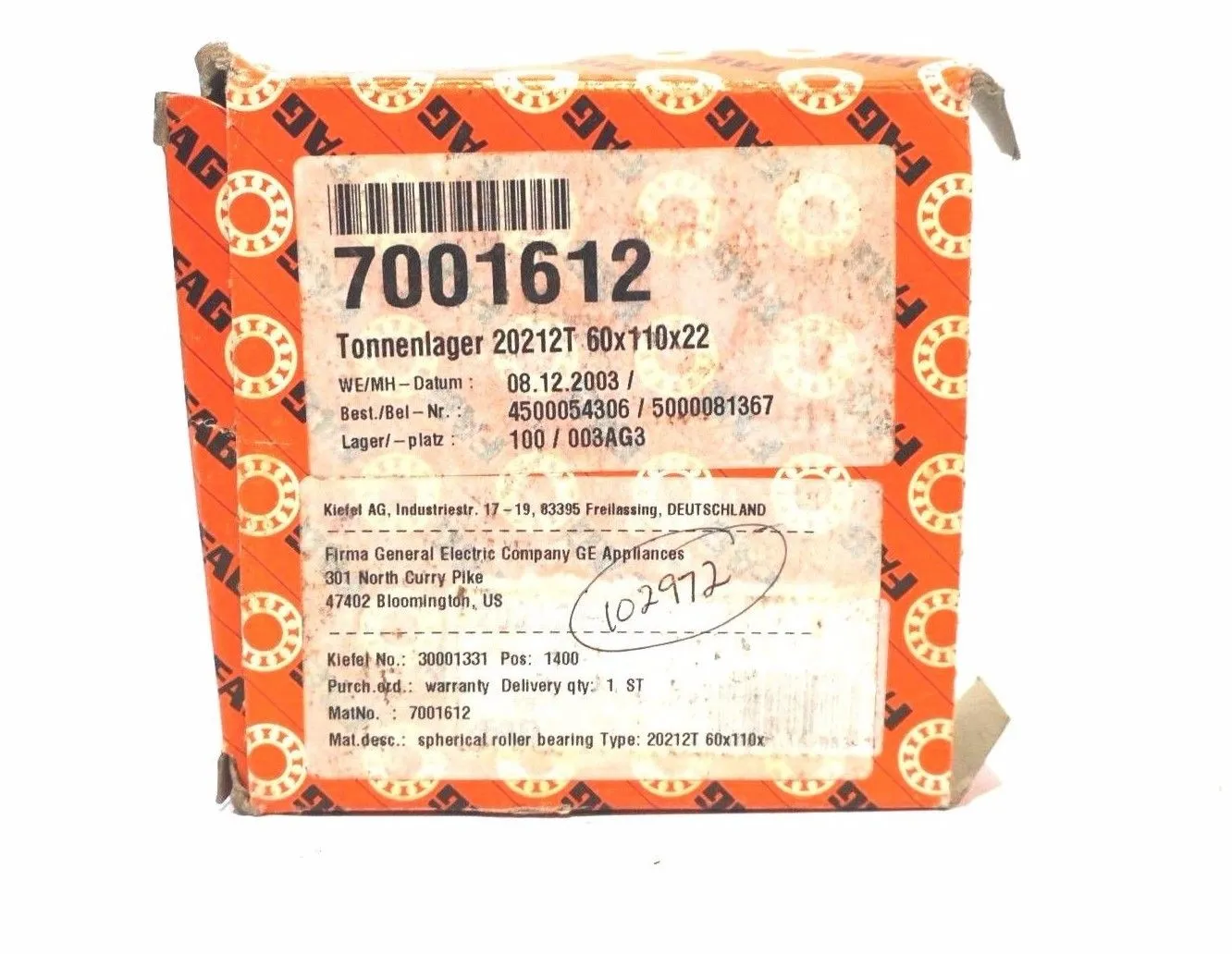 NEW FAG 20212T 60X110X22 SPHERICAL BEARING 7001612