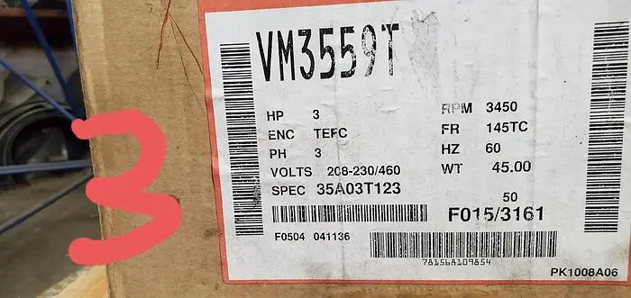 Motor, 3 HP, Baldor, 3450 RPM Out, 208-230/460V (2) #S743668