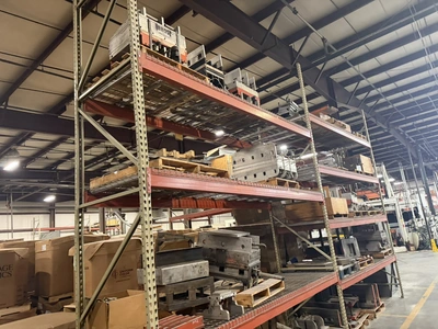 (2) sections of Teardrop style pallet racking, includes (3) 42" deep x 16' tall uprights, (14) 12' c...
