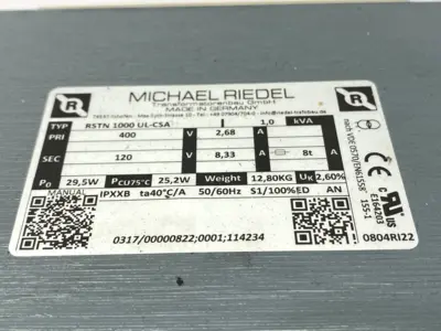 USED MICHAEL RIEDEL CONTROL TRANSFORMER ONE-PHASE 1000VA