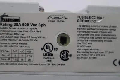 BUSSMANN RDF30CC-3 FUSIBLE DISCONNECT SWITCH 30A 600VAC 3PH STK H1729