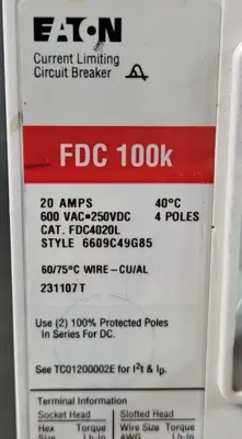 Eaton FDC 100K 20Amp 600VAC Current Limiting Circuit Breaker (BIN443)