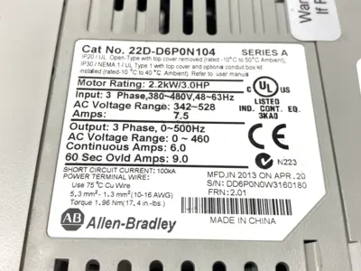 USED ALLEN-BRADLEY 22D-D6P0N104 SER. A