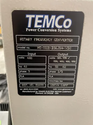 Temco MG-12 Rotary Frequency Converter 60Hz 50/60Hz 3PH 1/3PH 480V