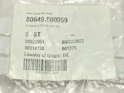 80649.000059 | Atlas Copco  Pipe Nipple 3/8" x 3/4" NPT LOT OF 2 - New Other