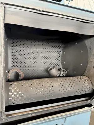 5 CUBIC FOOT TD326 RUBBER BELT TUMBLE BLAST SYSTEM W/ ELEVATOR RECLAIM SYSTEM & DUST COLLECTOR. STOCK # 0670425.