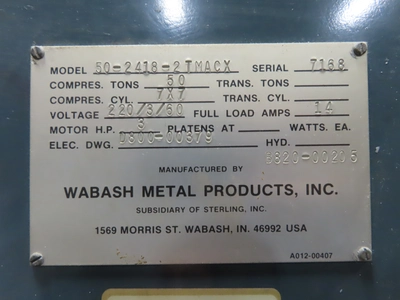 Hydraulic Press, 50 Ton Wabash Four Post Press with Electric Heating Elements