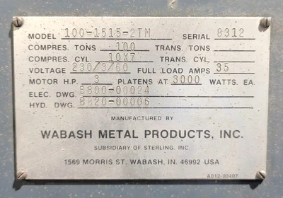 Used WABASH WABASH 100-1515-2TM PRESS Hydraulic Presses Michigan US | Alma Machinery #1424488