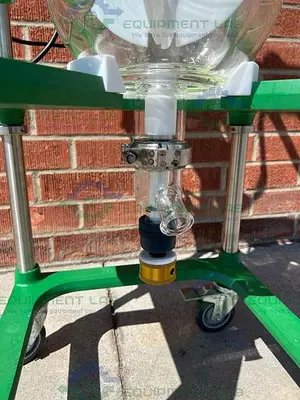 USED CHEMGLASS 10 LITER JACKETED GLASS REACTOR W/ CHEMGLASS DIGITAL OVERHEAD STIRRER