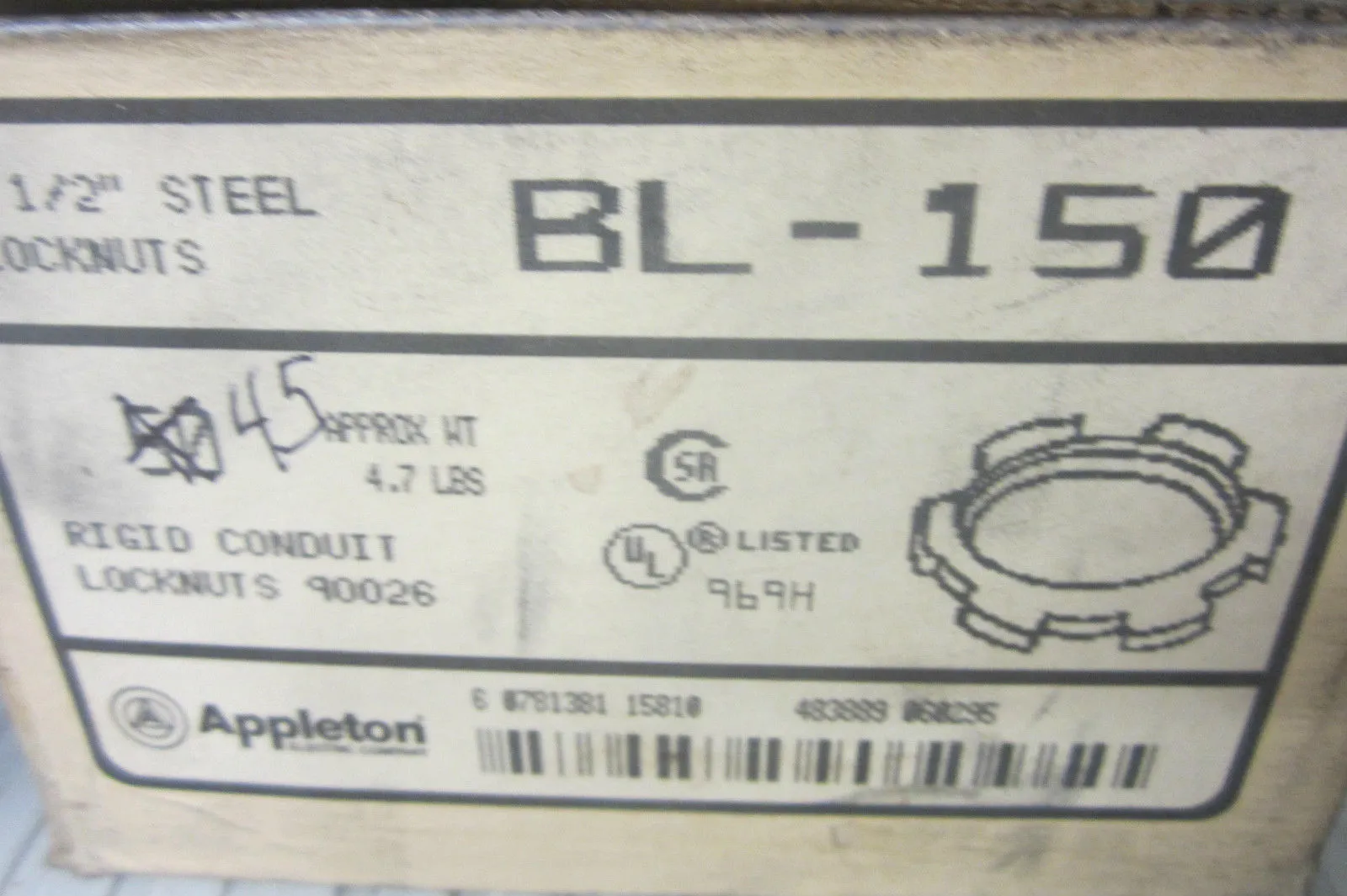 45 NEW APPLETON BL-150 LOCKNUTS BL150