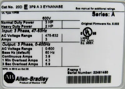 NEW ALLEN BRADLEY 20DE3P9A3EYNANASE POWERFLEX 700S AC DRIVE 20D SER A 3HP