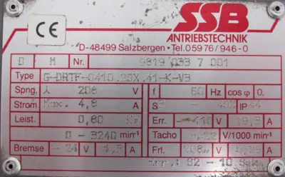 USED SSB 9819-033-7-001 MOTOR 208V G-DRTF-0410.20X.41-K-V3 0-3240RPM 98190337001
