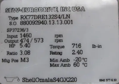 NEW SEW EURODRIVE RX77DRE132S4/LN GEARMOTOR 3.08:1 5.40HP 220-242V 380-420V