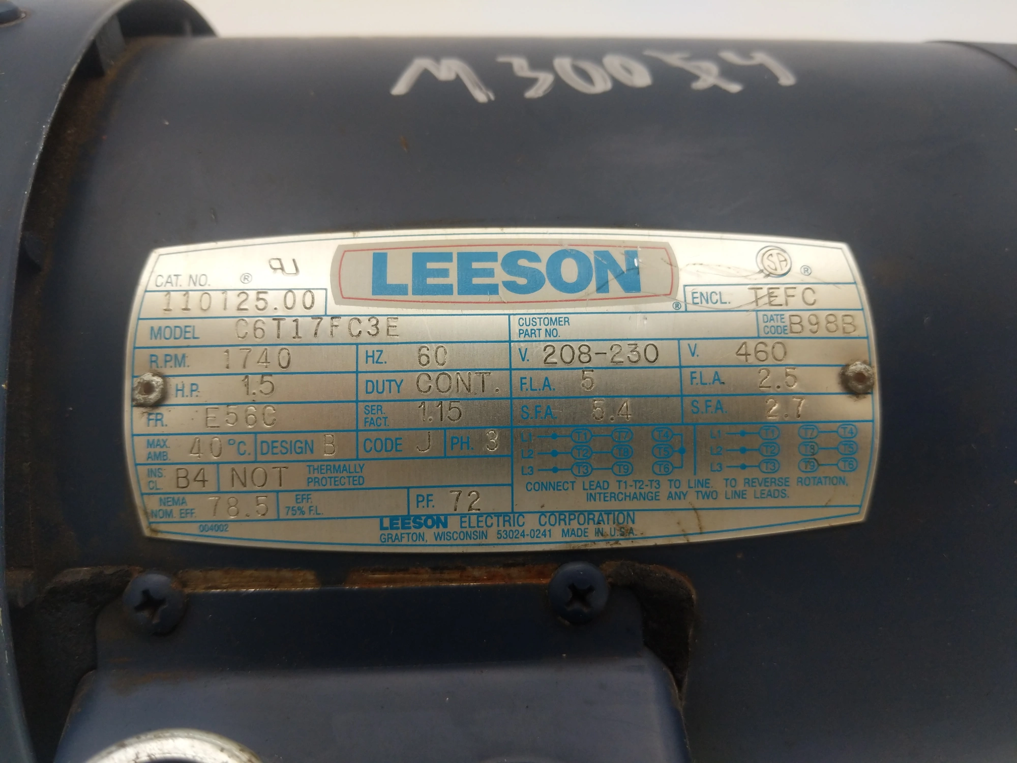 LEESON 1.5 HP, 1740 RPM, E56C FRAME MOTOR