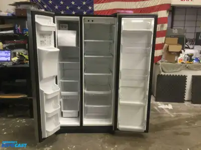 USED FRIGIDAIRE STAINLESS STEEL AND BLACK SIDE BY  SIDE REFRIDGERATOR HIGH EFFICANCY ENERGY STAR