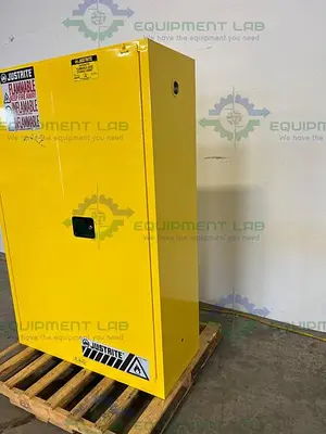 USED JUSTRITE 45 GALLON FLAMMABLE LIQUID STORAGE CABINET W/ SOFT CLOSE DOORS, KEYS
