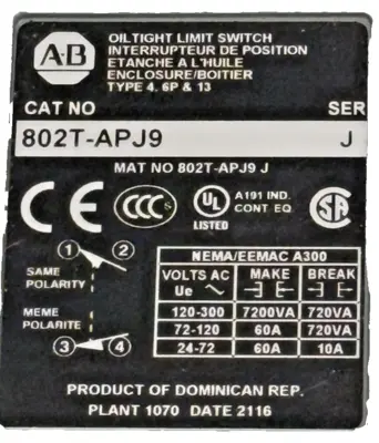 ALLEN BRADLEY 802T-APJ9 LIMIT SWITCH SER. J 802TAPJ9 NEW, SURPLUS