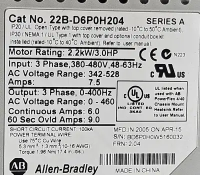 Allen-Bradley 22B-D6P0H204 PowerFlex 40 3Hp AC Drive (BIN745)