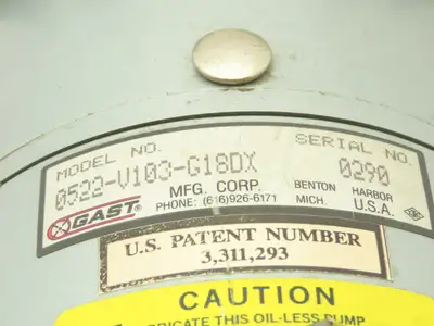 Gast 0522-V103-G18DX Oil-Less  Rotary Vane Vacuum Air Pump 115VAC 1/4Hp 1725RPM