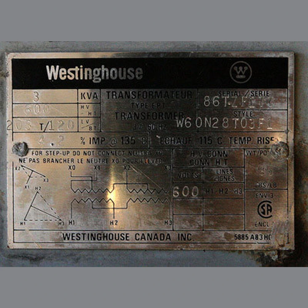 3 KVA 600 - 208T/120 Volt 3 Phase Indoor Dry Westinghouse Transformer