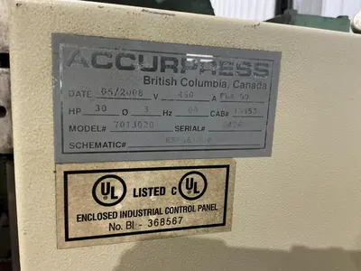 130 TON X 20' ACCURPRESS MODEL #713020 HYDRAULIC PRESS BRAKE, WITH UPGRADED TOUCH SCREEN CONTROLS: YOBRO #25003