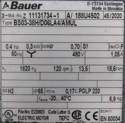 NEW BAUER BS03-38H/D06LA4/AMUL GEARMOTOR 480V BS0338HD06LA4AMUL