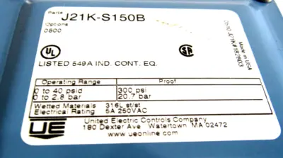NEW UNITED ELECTRIC J21K-S150B PRESSURE SWITCH J21KS150B
