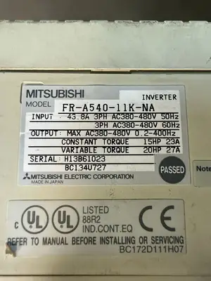 Mitsubishi FR-A540-11K-NA Inverter 380-480vac 0.2-400hz 380-480vac (7.6.3)