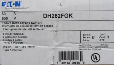 NEW EATON DH262FGK SAFETY SWITCH 60A 600V 2-POLE