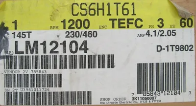 NEW LINCOLN LM12104 MOTOR 1HP 230/460V 1145RPM 7/8" DIA. D-1T9802 CS6H1T61