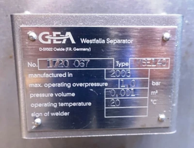 Westfalia MSE 140-06-777 whey clarifier centrifuge, 316SS.
