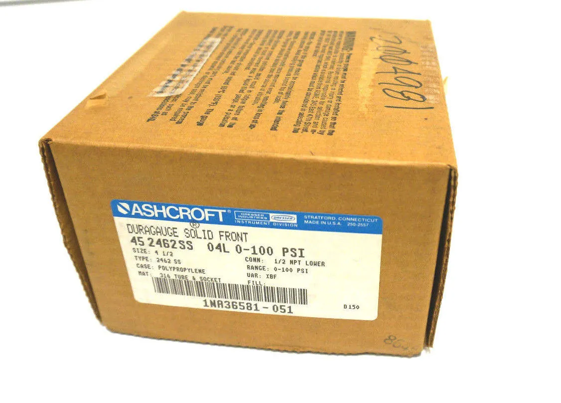 NEW ASHCROFT 45-2462-SS-04L-100 PRESSURE GAUGE 452462SS04L100