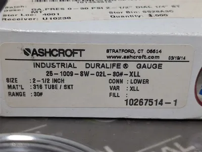 Ashcroft 25-1009-SW-02L-30#-XLL Duralife Gauge 0-30 PSI New NIB