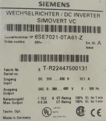 USED SIEMENS 6SE7021-0TA61-Z DC INVERTER 6SE70210TA61Z