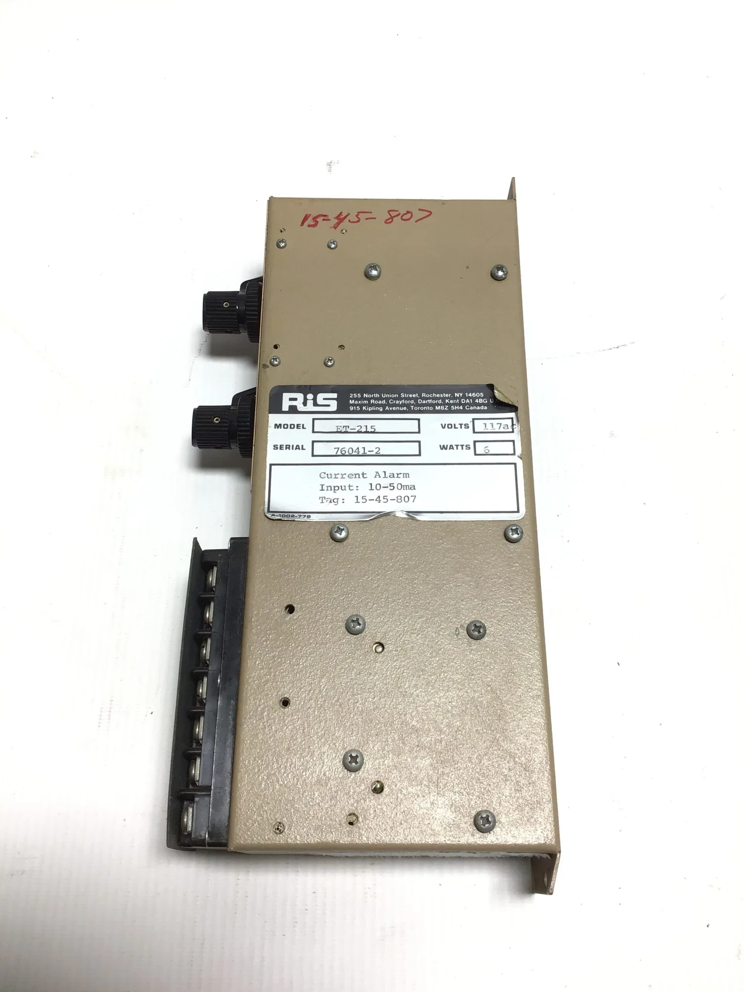 Rochester Instrument Systems (RIS) ET-215 Current Alarm 117Vac Input 6W 10-50ma