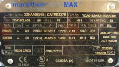 NEW MARATHON R337B MOTOR 20HP TCA160LA04 TCA0152AE211GAA009 230/460V