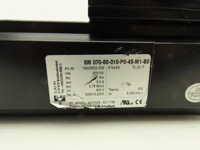 Elau SM 070-60-010-P0-45-M1-B0 AC Servo Motor 6000rpm 400V 6A 1.1Nm 000100 HW