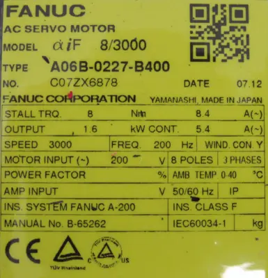 REFURBISHED FANUC A06B-0227-B400 SERVO MOTOR A860-2000-T301 A06B0227B400