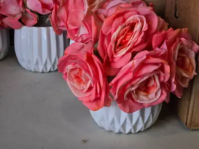 Lot of (5) Silk Faux Rose Boquet Arrangement in White Ceramic Vase (pink)