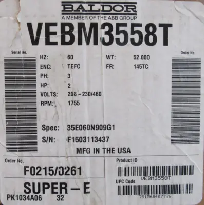 NEW BALDOR VEBM3558T BRAKE MOTOR 2HP 208-230/460V 1755RPM 145TC 7/8" DIA