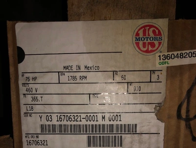 75 hp 1785 rpm 460v frame 365T US Motors AC Motor Unused