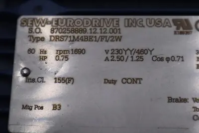 Sew Eurodrive DRS71M4BE1/FI/2W 60 Hz RPM 1690 Gearmotor STOCK M-144