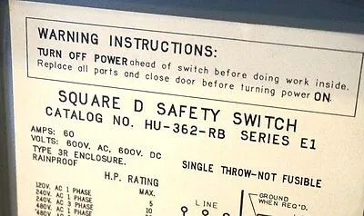 NEW SQUARE D HU-362-RB SAFETY SWITCH SER. E1 600V, 60A, HU362RB