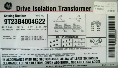 NEW GENERAL ELECTRIC 9T23B4004G22 TRANSFORMER 460V 40.0 KVA 3 PHASE 60HZ