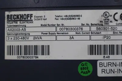 Beckhoff AX2003-AS S60301-520 Digital Compact Servo Drive Amplifier STK K-415-D