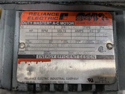 Reliance Electric P14G7701N-CK AC Motor 1/2 HP 1140 RPM FL143T Frame 460V Used