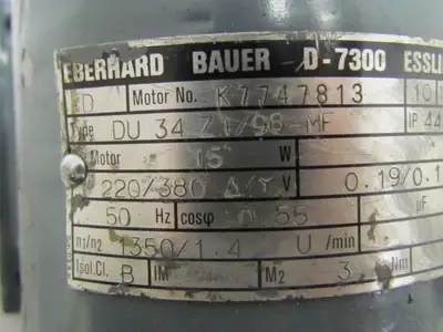 Eberhard Bauer D-7300 Esslinger K7747813 DU 34 Z1/98-MF 1.4Rpm Motor 220/380V